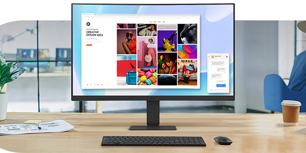 Business professionals discuss new technologies and AI in a modern office.