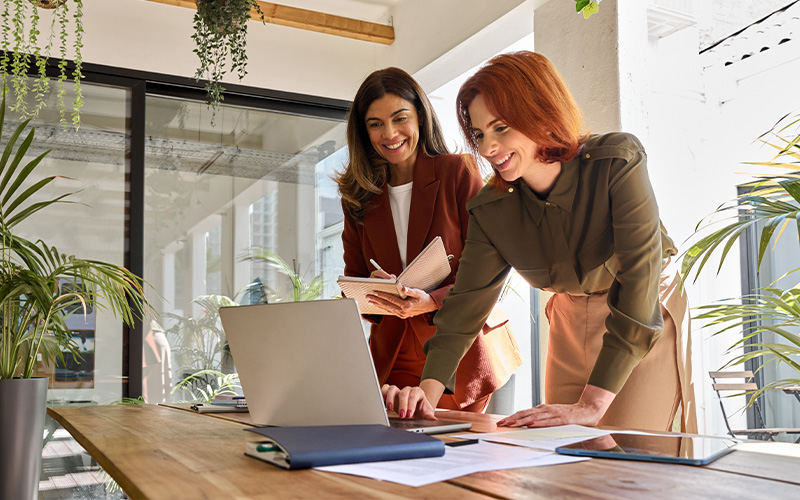 Two colleagues collaborating at a laptop