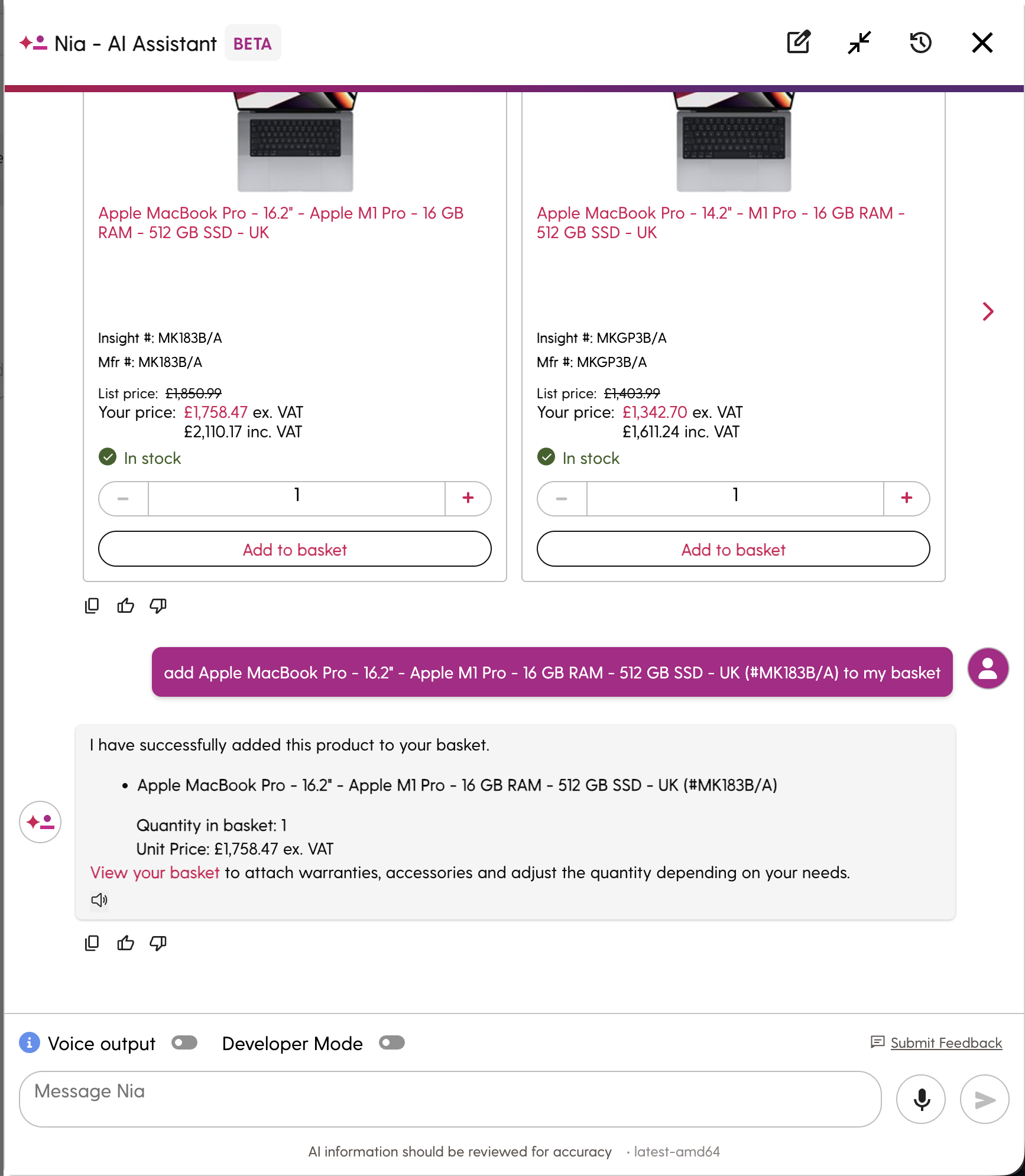 NIA AI Assistant Product Recommendations on Insight.com NIA AI chat interface displaying personalized product recommendations over an e-commerce hardware listing.