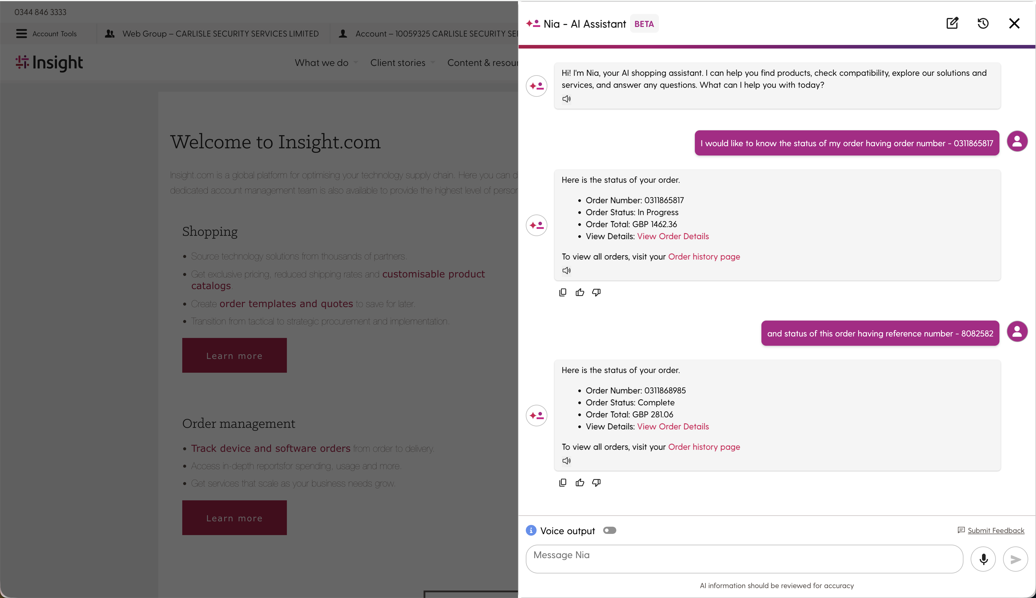 NIA AI Assistant Interface NIA AI Assistant Interface on Insight.com Product Page