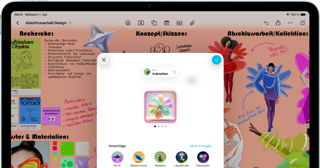 iPad Air, front exterior, landscape orientation, volume-up button, volume-down button, power button, screen displays a colourful app interface with various icons
