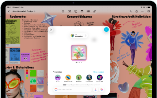 iPad Air, front exterior, landscape orientation, volume-up button, volume-down button, power button, screen displays a colourful app interface with various icons