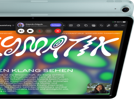 iPad Air, Blue colour, top exterior, screen showing Keynote app on screen sharing feature during FaceTime video call, back exterior, 12MP Wide back camera, volume-up button, volume-down button