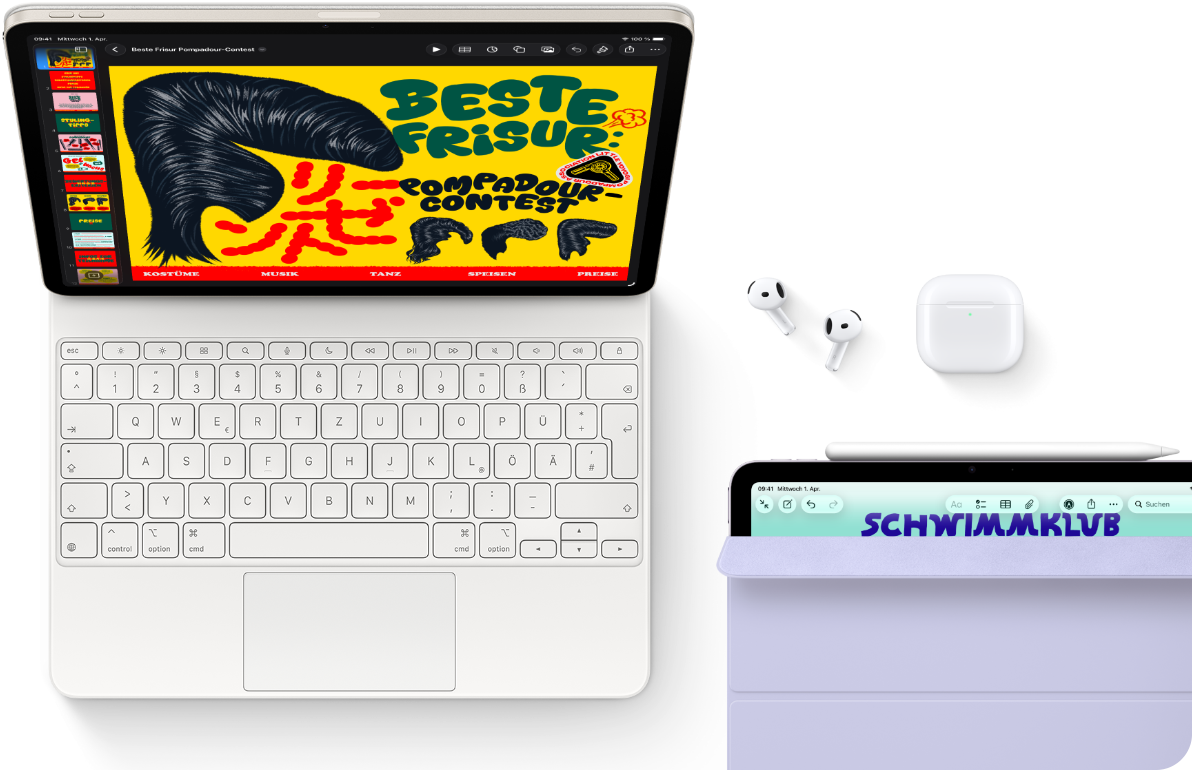 iPad Air, Starlight colour, colourful graphics on screen, attached to Magic Keyboard, Airpods Pro and Apple Pencil Pro accessories