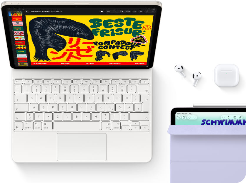 iPad Air, Starlight colour, colourful graphics on screen, attached to Magic Keyboard, Airpods Pro and Apple Pencil Pro accessories
