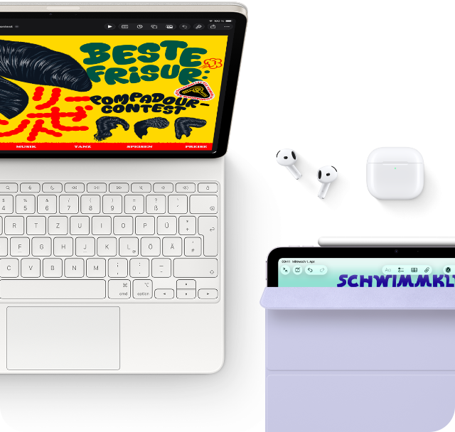 iPad Air, Starlight colour, colourful graphics on screen, attached to Magic Keyboard, Airpods Pro and Apple Pencil Pro accessories