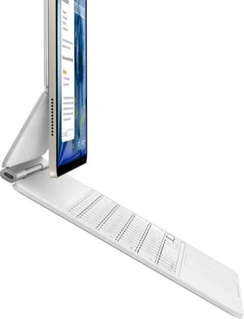 iPad Air, Starlight colour, attached to Magic Keyboard, white colour, side exterior