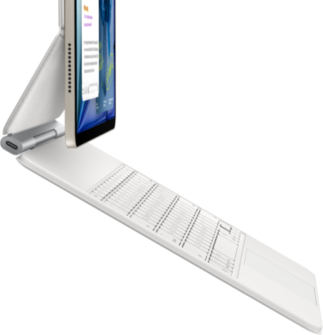 iPad Air, Starlight colour, attached to Magic Keyboard, white colour, side exterior