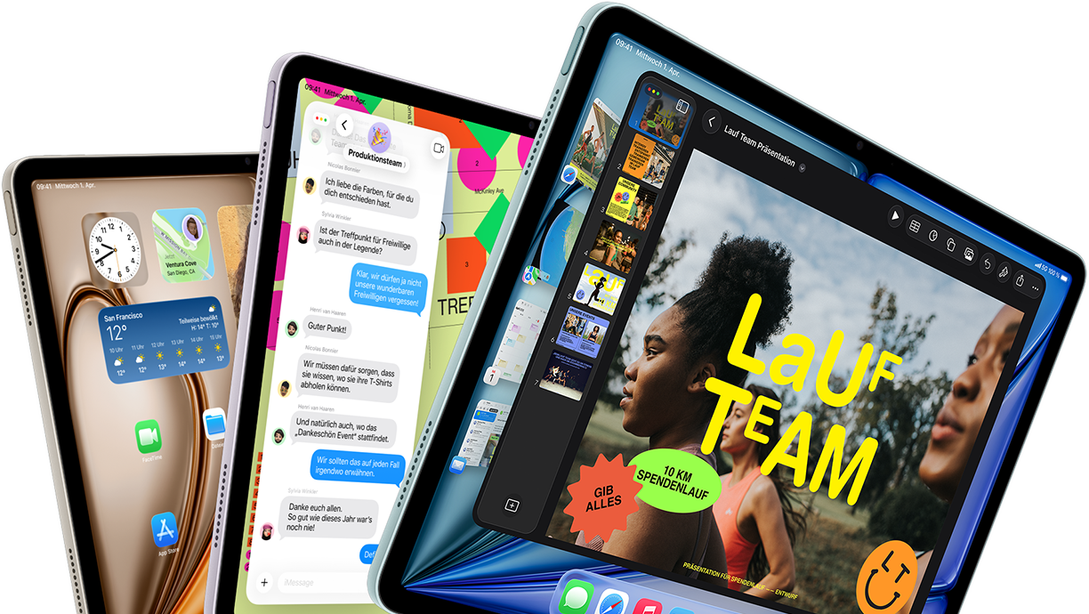 Three iPad Air displays in fan-like arrangement, colours: Blue, Purple, Starlight, front exterior, side exterior, apps on screen display include Keynote app, Messages and Home Screen