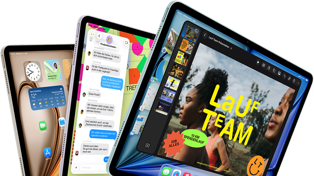 Three iPad Air displays in fan-like arrangement, colours: Blue, Purple, Starlight, front exterior, side exterior, apps on screen display include Keynote app, Messages and Home Screen