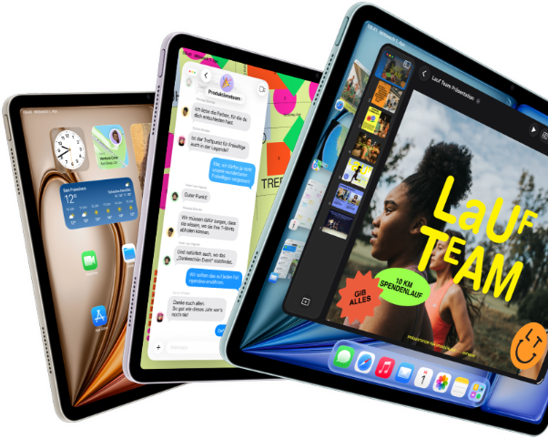 Three iPad Air displays in fan-like arrangement, colours: Blue, Purple, Starlight, front exterior, side exterior, apps on screen display include Keynote app, Messages and Home Screen