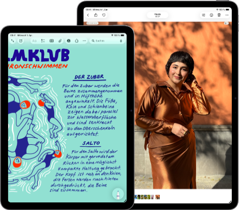Two iPad Air, sizes: 11-inch and 13-inch, 11-inch shows colourful text on the Notes app, 13-inch screen shows a photo of a person on the Photos app