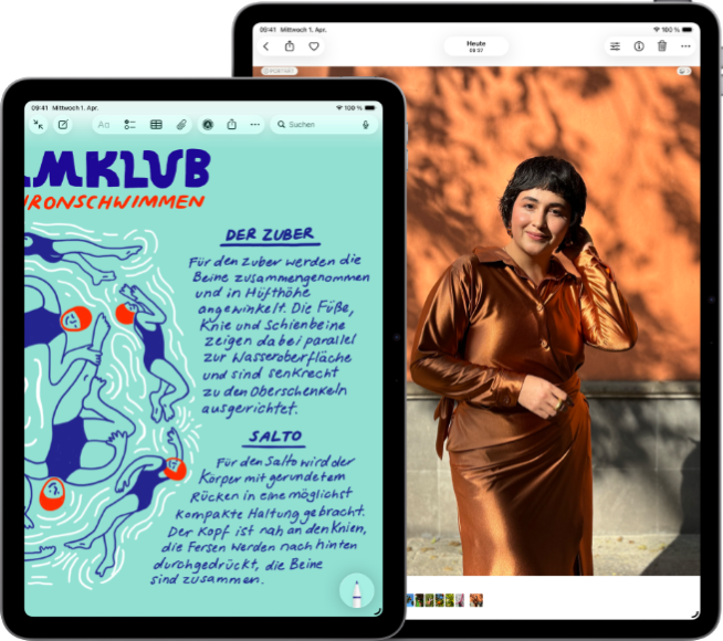 Two iPad Air, sizes: 11-inch and 13-inch, 11-inch shows colourful text on the Notes app, 13-inch screen shows a photo of a person on the Photos app