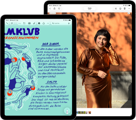 Two iPad Air, sizes: 11-inch and 13-inch, 11-inch shows colourful text on the Notes app, 13-inch screen shows a photo of a person on the Photos app
