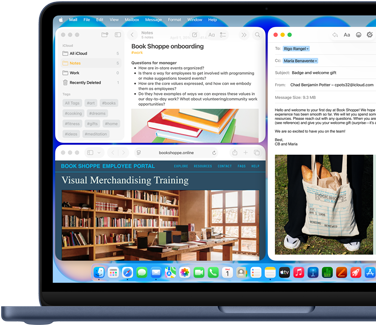 MacBook Neo, indigo colour, screen shows composing a welcome email to new employee of bookstore, other tiled windows contain Notes doc about onboarding and bookstore's employee portal website in Safari