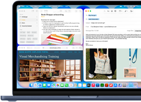 MacBook Neo, indigo colour, screen shows composing a welcome email to new employee of bookstore, other tiled windows contain Notes doc about onboarding and bookstore's employee portal website in Safari