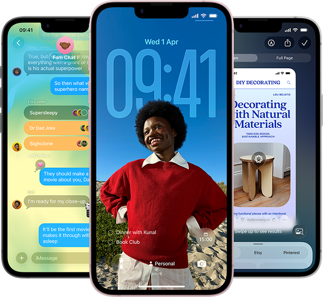 Three iPhone 17e devices, showing Messages app with Liquid Glass design, dynamic Lock Screen, and Visual Intelligence in use