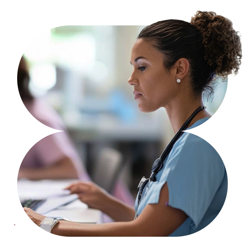 Female doctor working on laptop