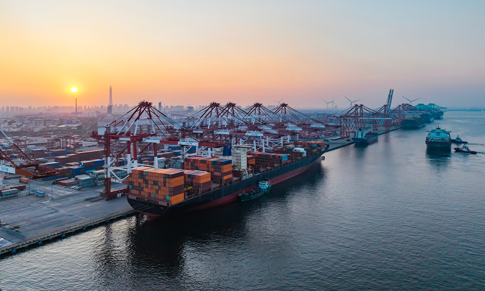 Sunset behind a port