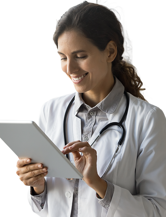 Smiling doctor holding tablet