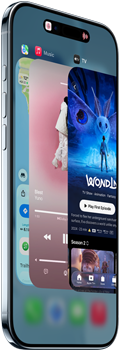 iPhone Air, front exterior, side exterior, thin profile, Dynamic Island centred near top, App Switcher feature in use, buttons: Action, volume