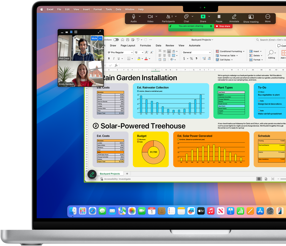 Graphs, charts, and a video call are open and active on a 16-inch MacBook Pro to demonstrate the compability of macOS with Microsoft Excel and Zoom