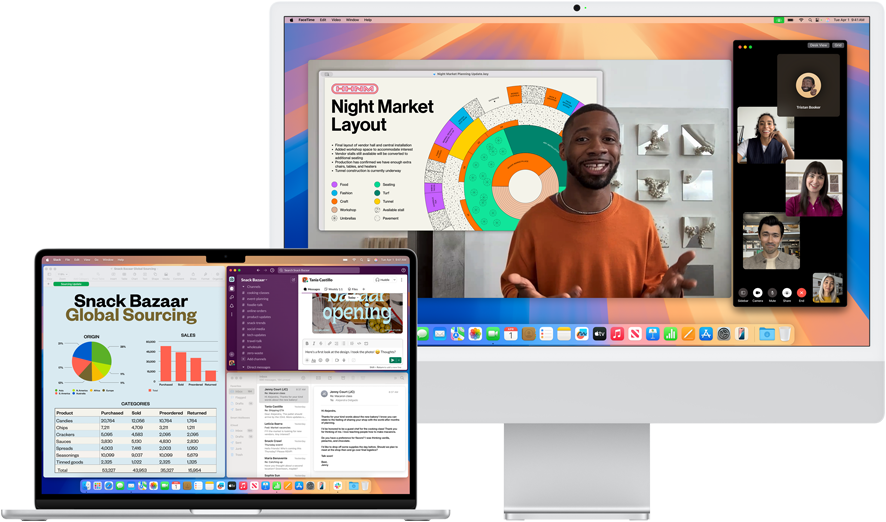An open 15-inch MacBook Air in Silver running Mail, Numbers, and Slack, next to a 24-inch iMac showing a person giving a Keynote presentation on FaceTime