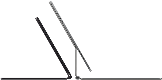 2 iPad Pro devices attached to Magic Keyboard, side exterior, thin profile, space black colour with speakers and USB-C port, tilted half open, silver colour, open, tilted back showing the keyboard’s floating cantilever design, speakers and microphone