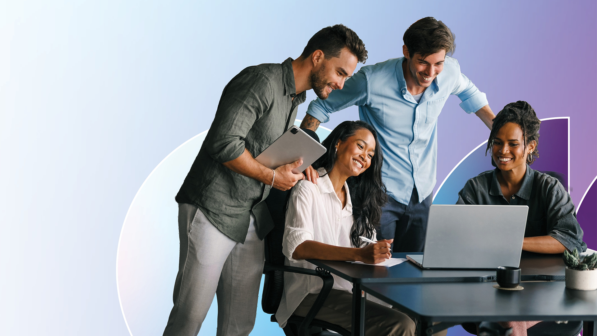 Workplace professionals discussing around a device