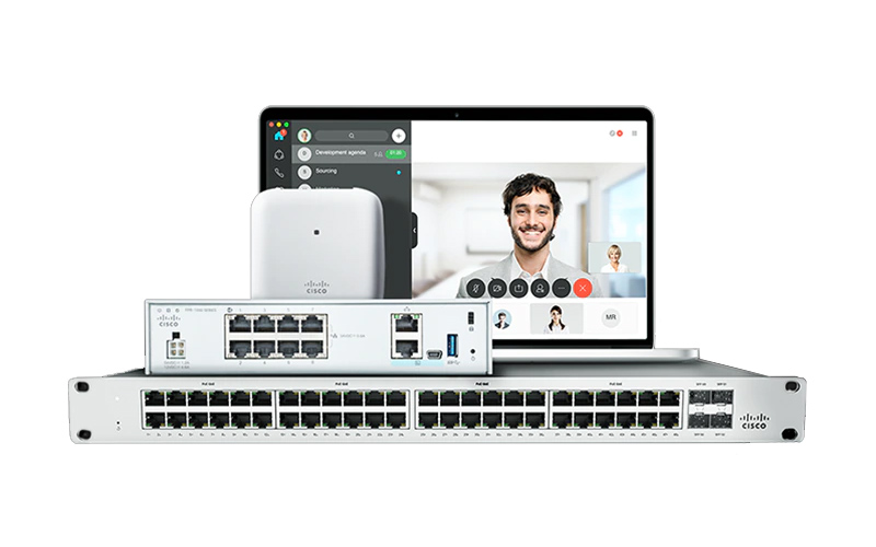 Man on screen with Cisco networking system