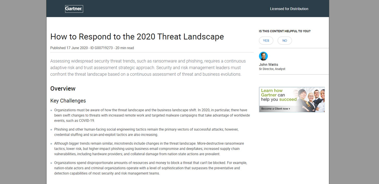 Article Gartner: How to Respond to the 2020 Threat Landscape Image