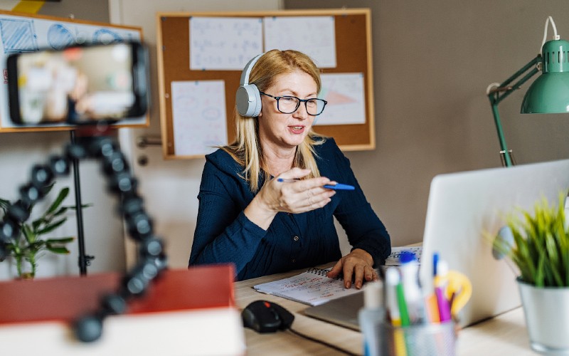 office worker on video call at desk