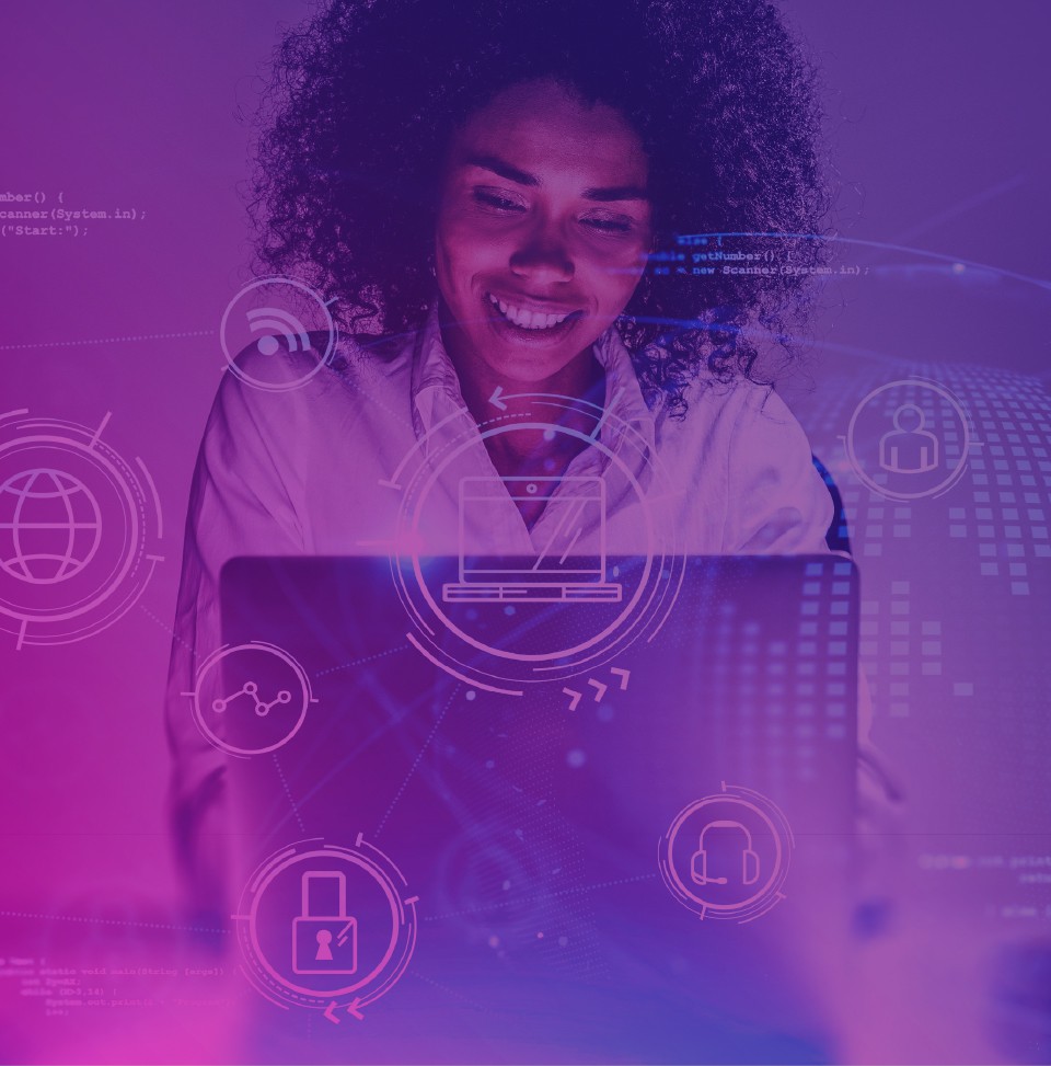 Insight Intelligent Technology Report to transform digital business Woman smiling working on technology laptop with graphic overlay