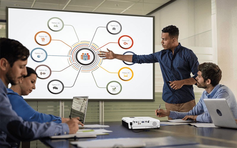 Epson projectors for all purposes and environments Group of teammates watching presentation with Epson Projector
