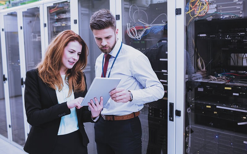 Professionals working on server room
