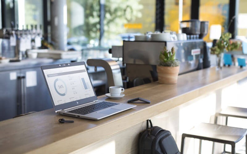 Productivity laptop in coffee shop