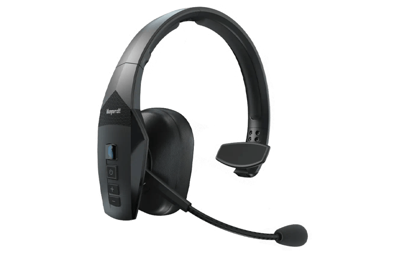 Make calls with your voice. man in hi-vis wearing a BlueParrott headset