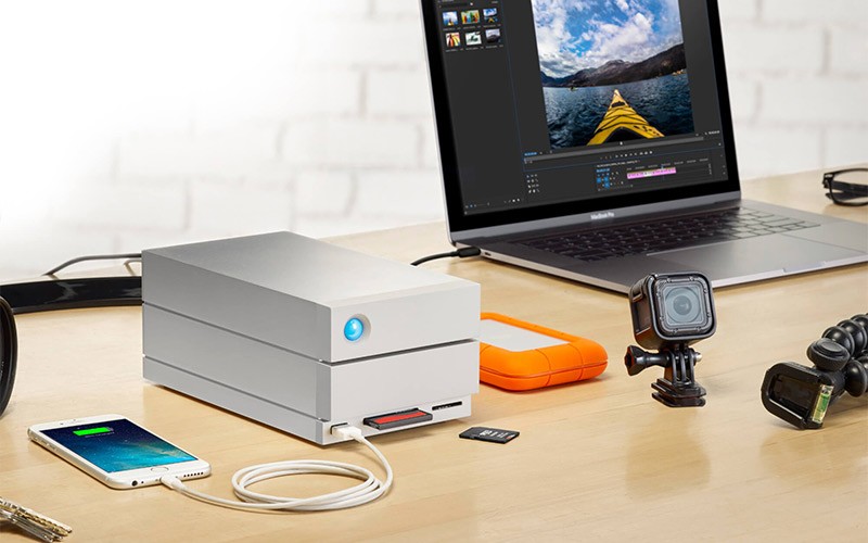 Professional RAID made easy with LaCie LaCie 2big on a desk plugged in