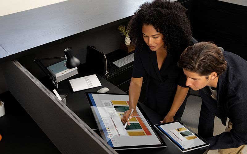 Surface Studio 2 features the Windows 10 Pro operating system Colleagues using a Surface Studio 2