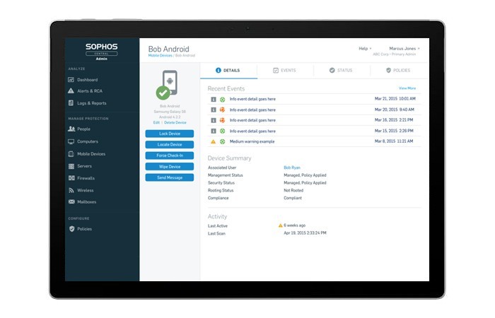 Secure different mobile devices with minimal IT effort Sophos Mobile Control dashboard on tablet computer