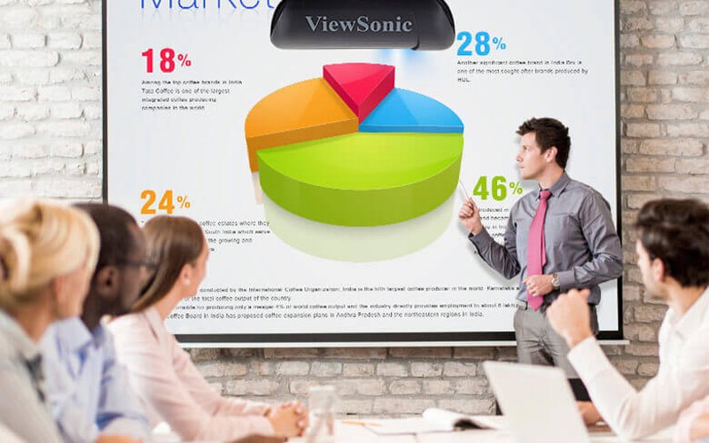 Man presenting data figures through a projector