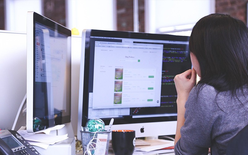 One female worker at computer 